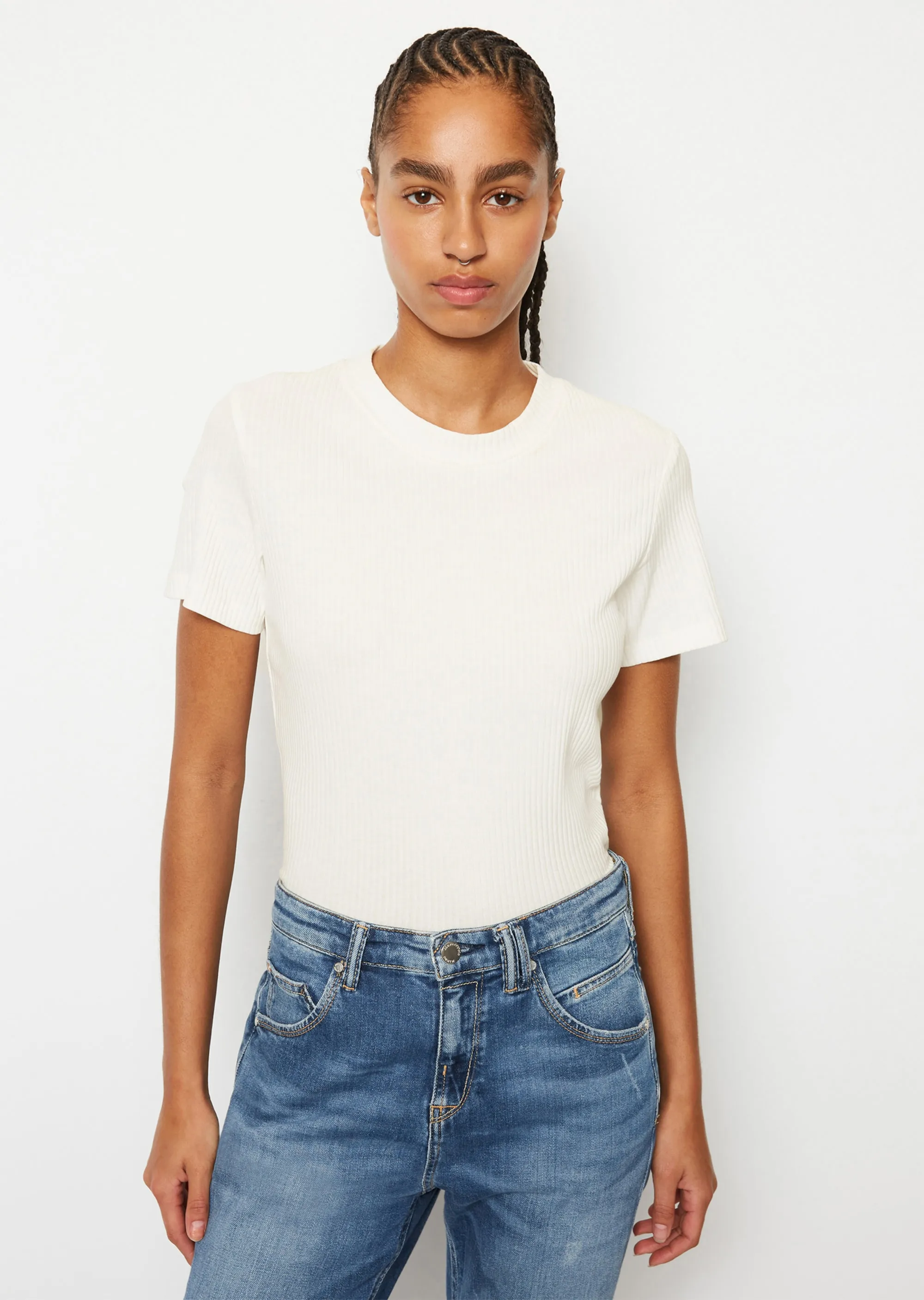 Ribbed Organic Cotton Jersey T-shirt with Elastane Blend