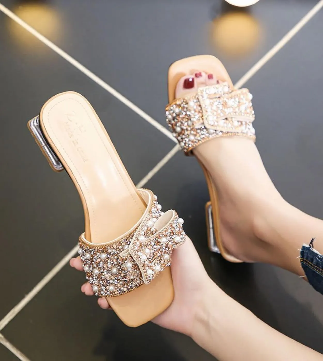 Pearly Clear High Heel Sandals with Pearl Accents